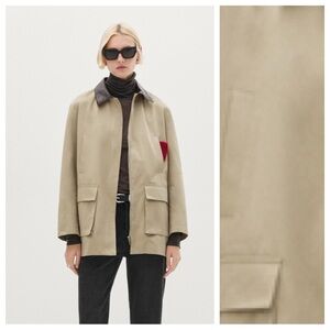 NWT. Massimo Dutti Khaki Tan Leather Collar Parka Jacket. Size S.